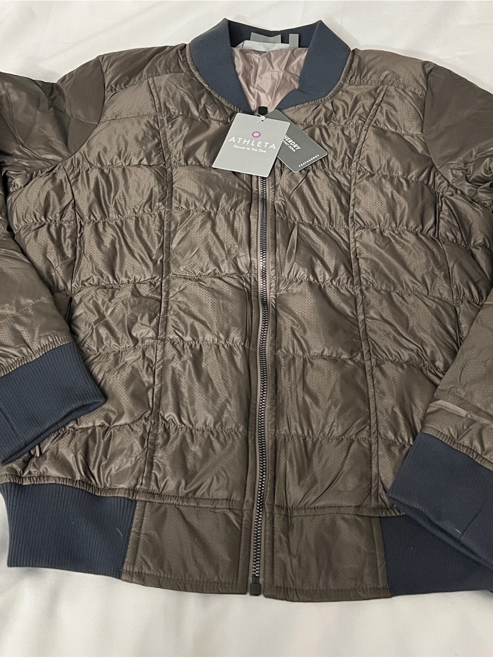 Athleta Quilted Jacket in Olive Brown with Charcoal Trim